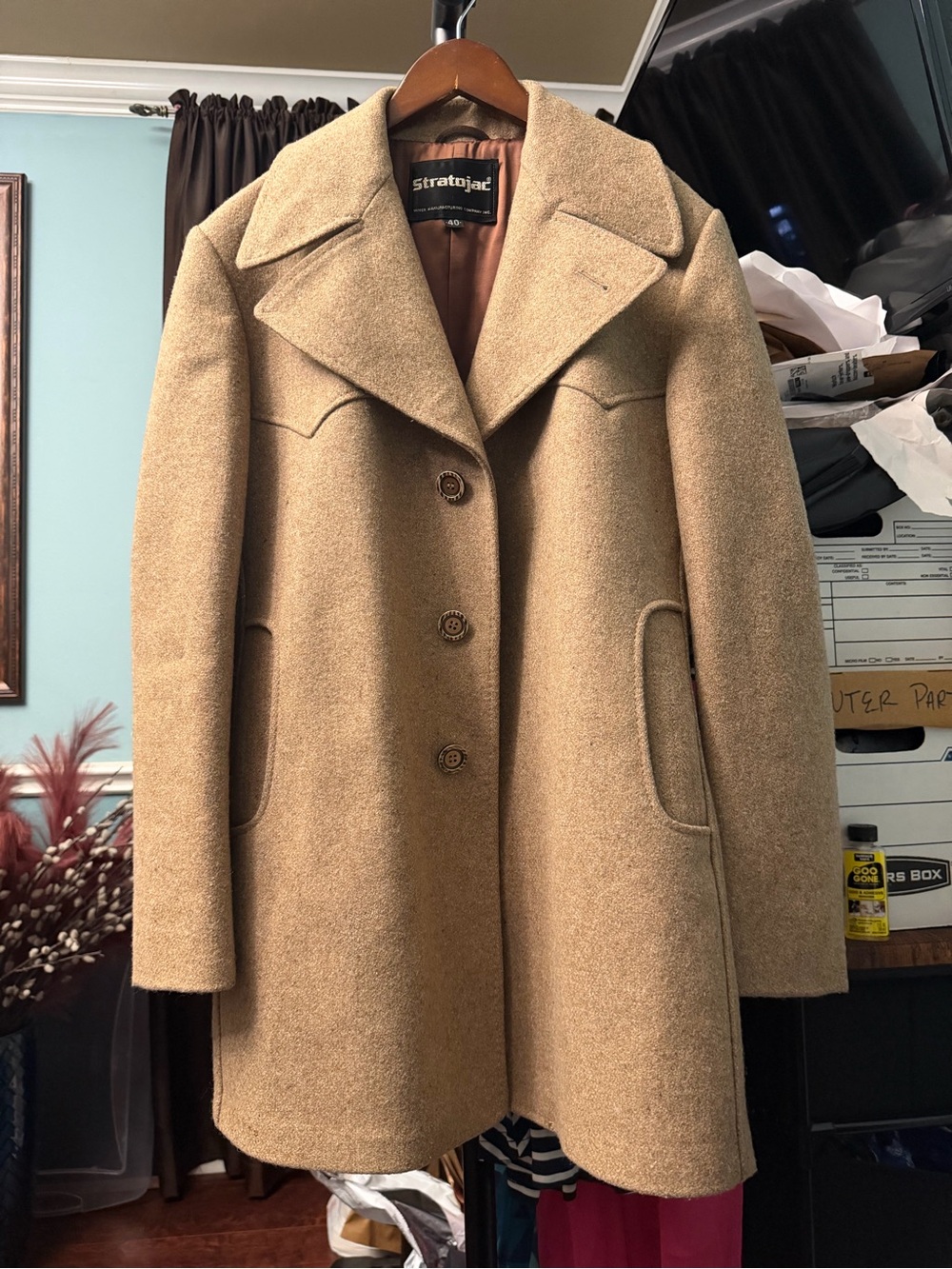 Vintage Stratojac Tan Men’s Wool Collared Coat Sz 40 Western